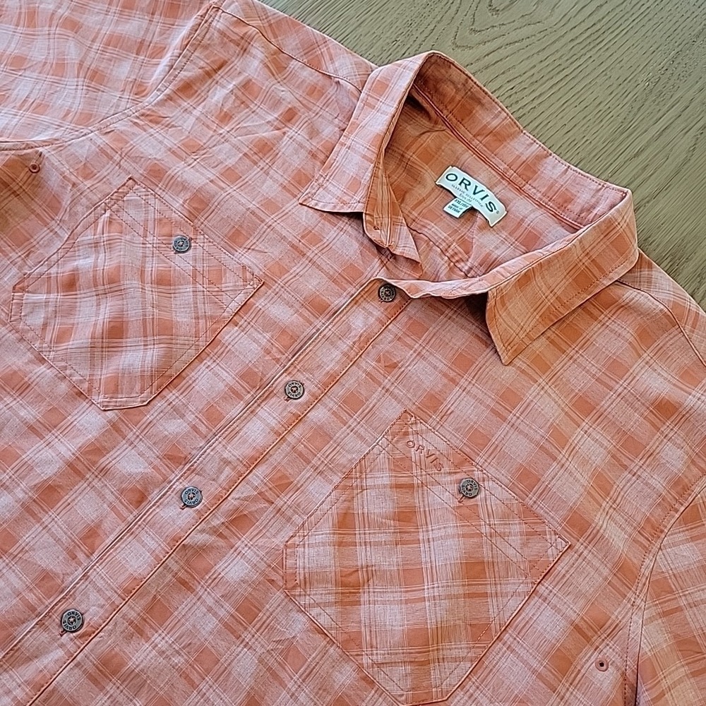 Orvis Tech Shirt Men's 2XL Orange Performance Short‎ Sleeve Quick Dry UPF 30+